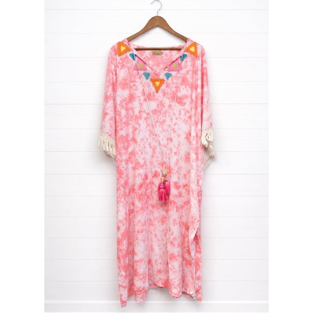 Skemo Tie Dye Kaftan Dress Pink Boho Embroidered Tassel Fringe Cover Up